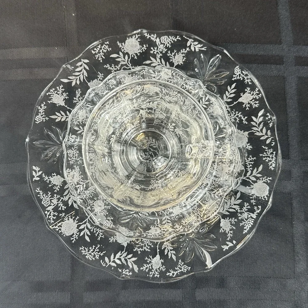 Vintage Fostoria Chintz Trio Set • Etched Glass Cup Saucer Plate • Baroque Blank